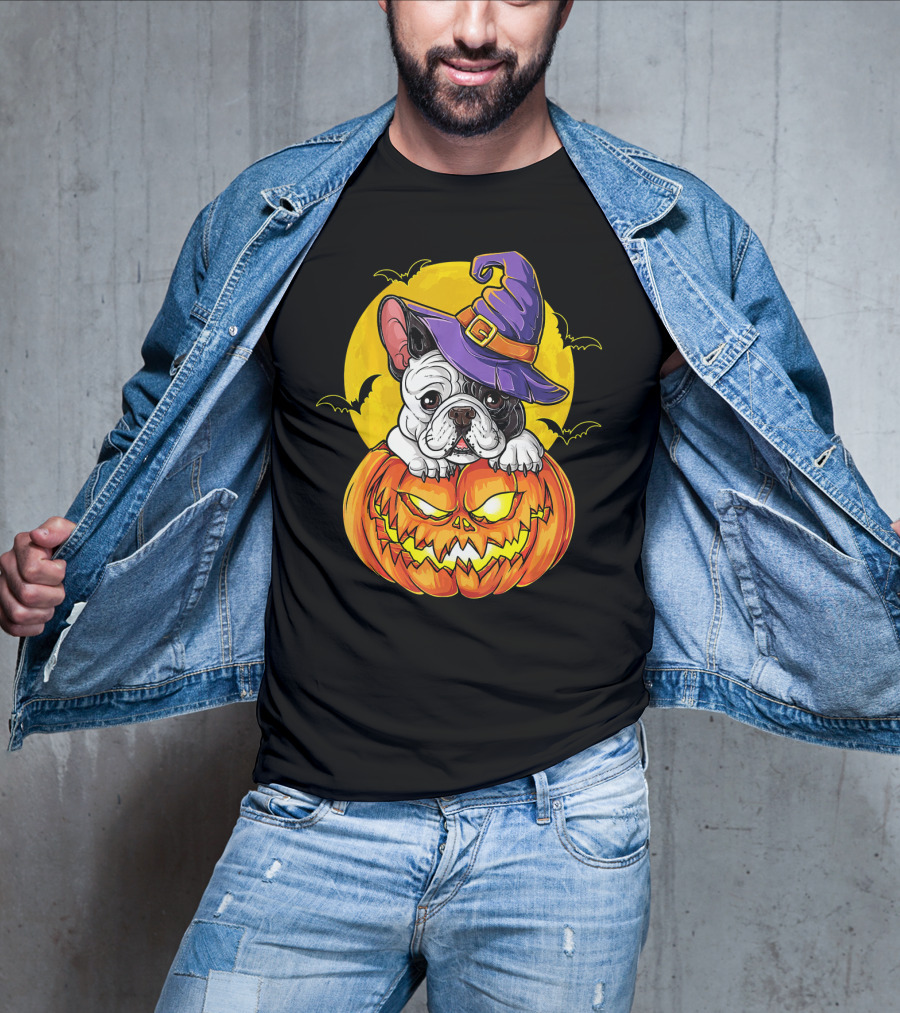 Halloween French Bulldog Witch In Pumpkin With Full Moon And Bats T-Shirt