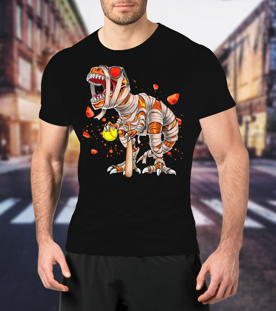 Mummy Dinosaur Playing Softball With Bat And Ball T-Shirt