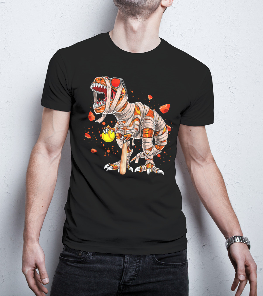 Mummy Dinosaur Playing Softball With Bat And Ball T-Shirt