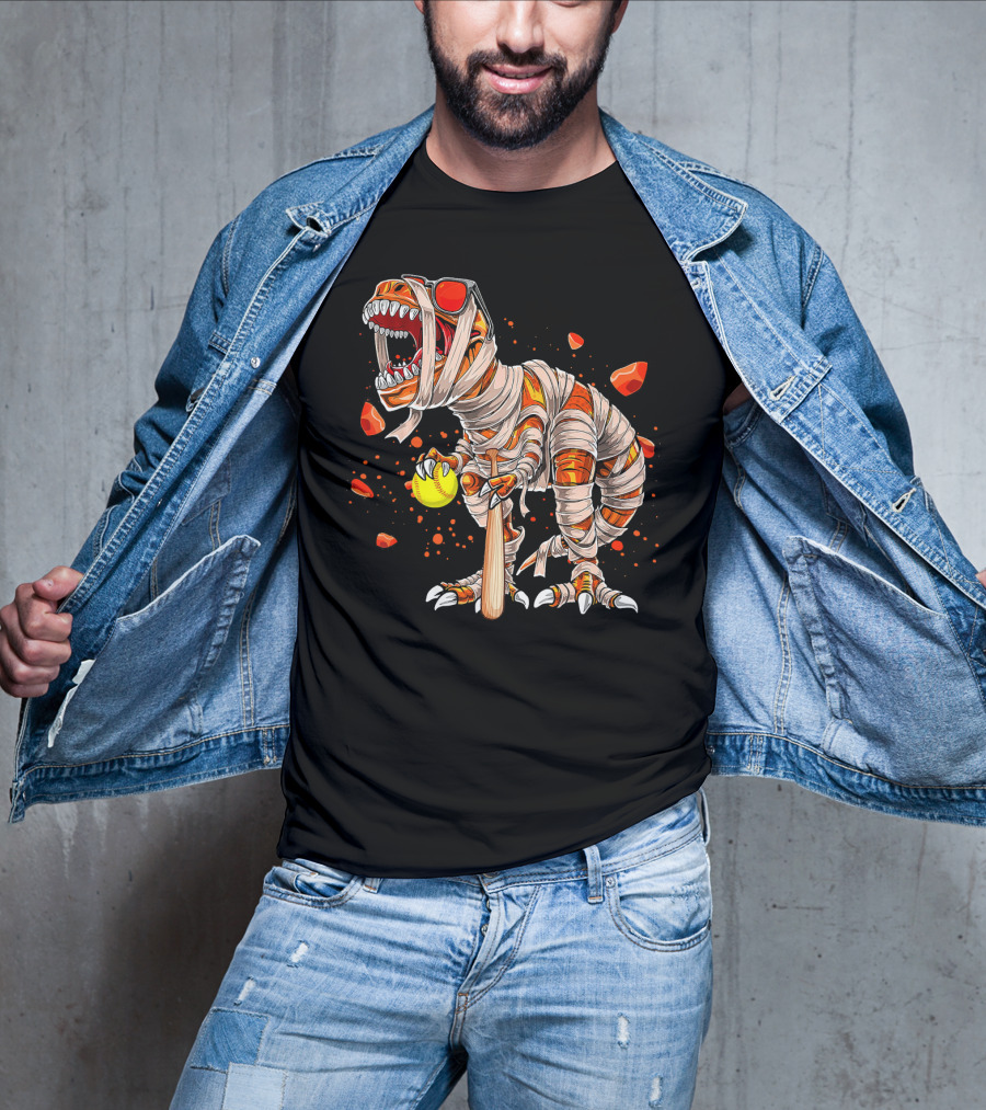 Mummy Dinosaur Playing Softball With Bat And Ball T-Shirt