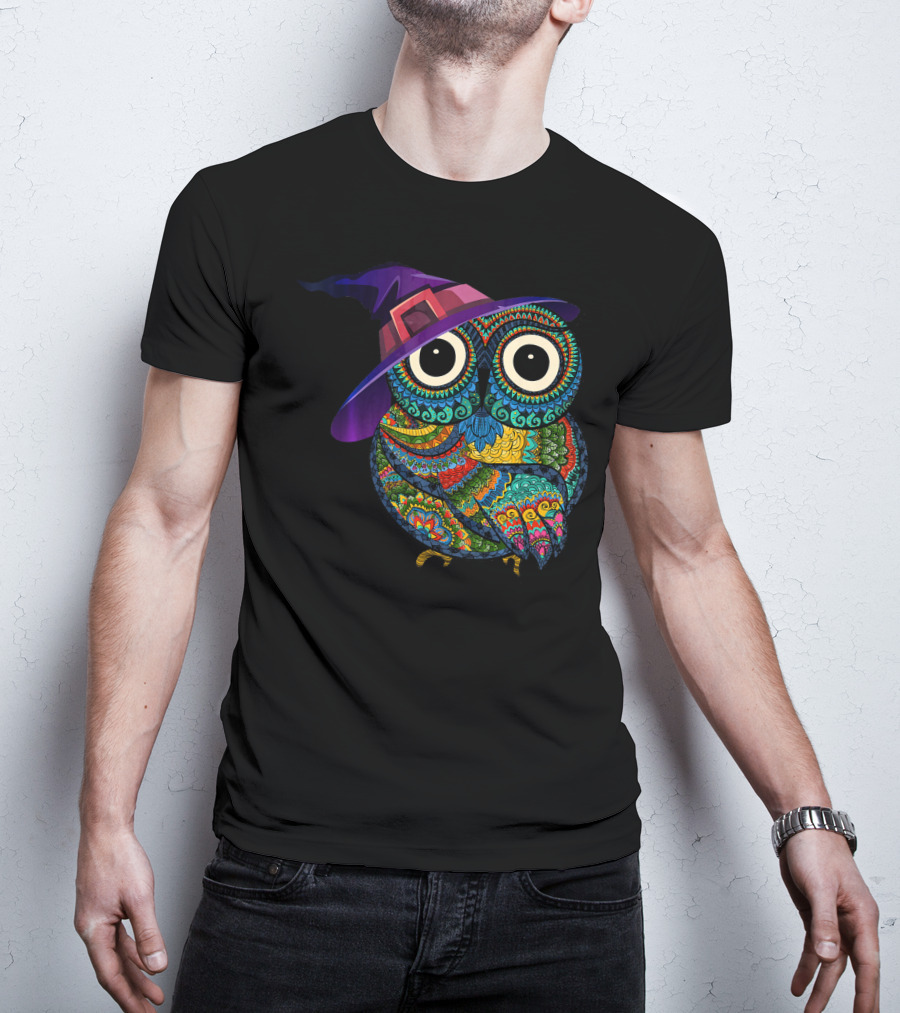 Colorful Owl With Witch Hat In Halloween Costume Fun T-Shirt
