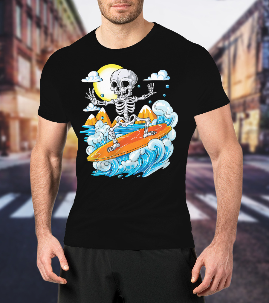 Skeleton Surfing Halloween On Hawaiian Waves With Sun And Clouds T-Shirt