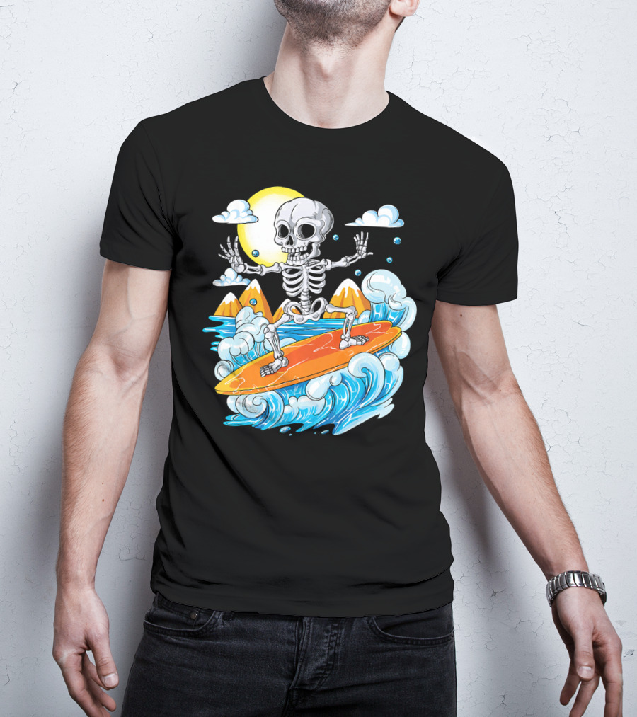 Skeleton Surfing Halloween On Hawaiian Waves With Sun And Clouds T-Shirt