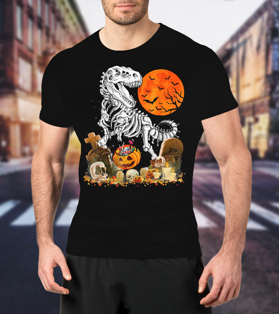 Halloween Dinosaur Rex Skeleton With Pumpkin And Full Moon T-Shirt