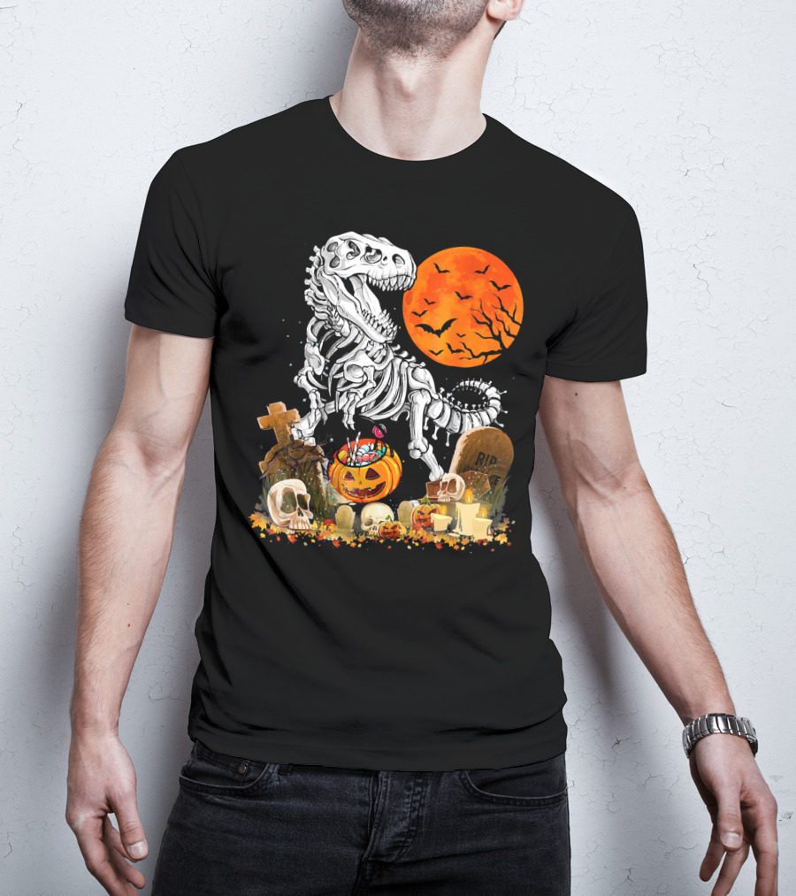 Halloween Dinosaur Rex Skeleton With Pumpkin And Full Moon T-Shirt