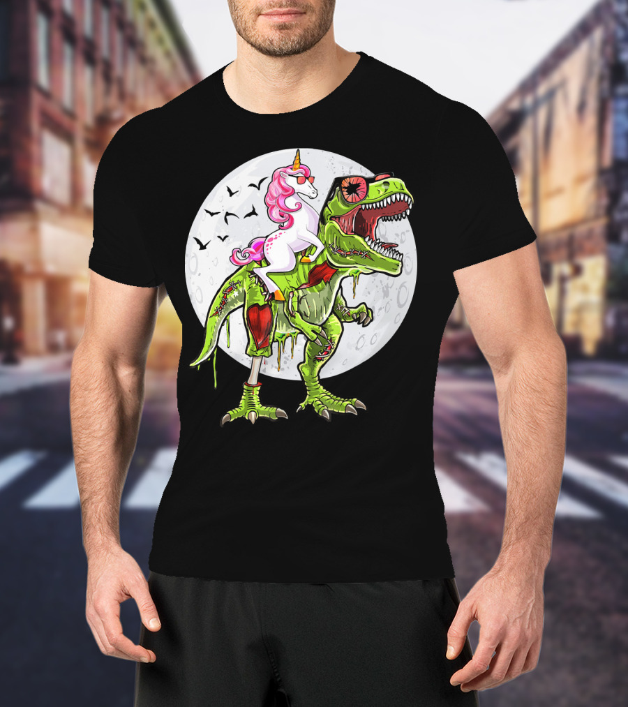 Funny Halloween Unicorn Riding Zombie Dinosaur With Bats And Full Moon T-Shirt