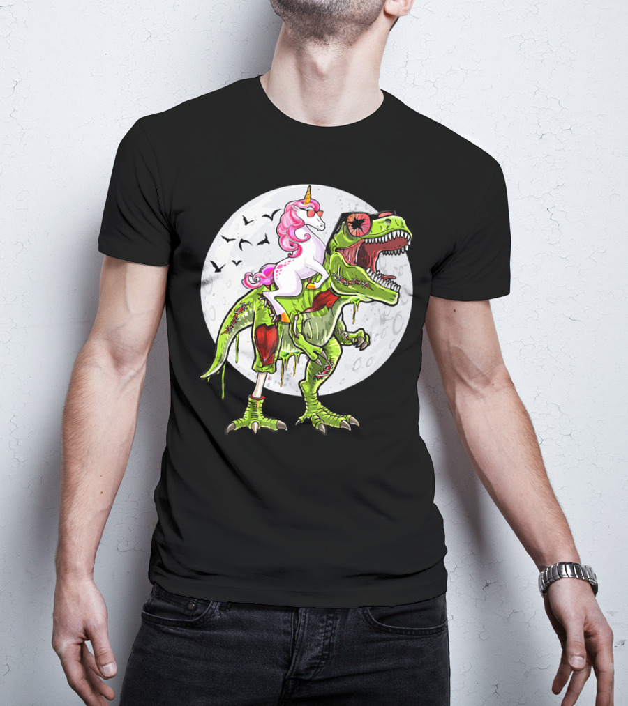 Funny Halloween Unicorn Riding Zombie Dinosaur With Bats And Full Moon T-Shirt
