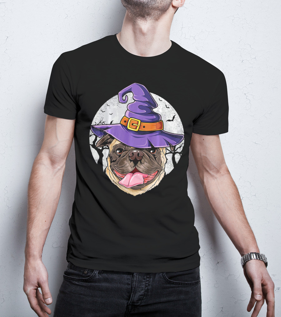 Pug Witch Hat Halloween Moon Bats Forest T-Shirt