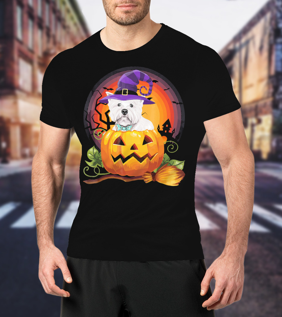 Westie Dog In Witch Hat With Jack-O'-Lantern For Halloween T-Shirt