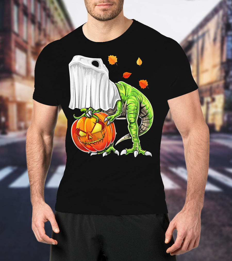 Halloween Dinosaur Ghost Pumpkin Jack Leaves T-Shirt