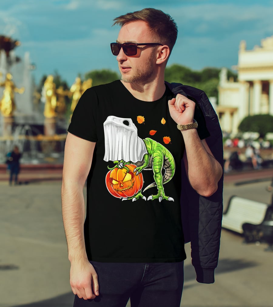 Halloween Dinosaur Ghost Pumpkin Jack Leaves T-Shirt