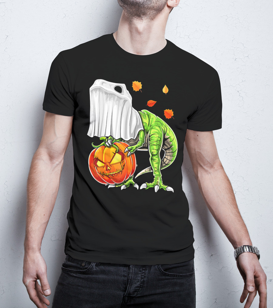 Halloween Dinosaur Ghost Pumpkin Jack Leaves T-Shirt