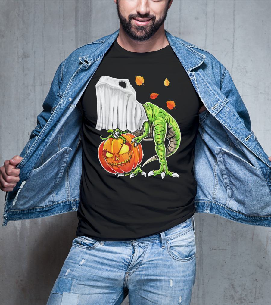 Halloween Dinosaur Ghost Pumpkin Jack Leaves T-Shirt