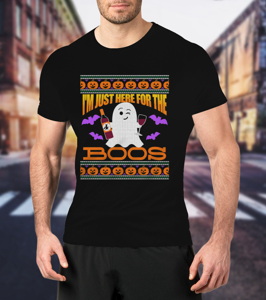 I'm Just Here For The Boos Ugly Halloween Wine Ghost Pumpkins Bats T-Shirt