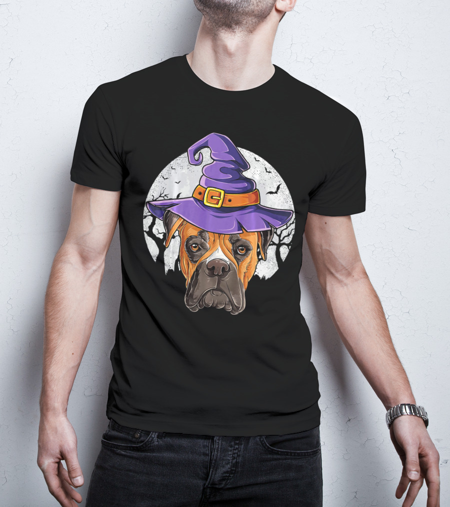 Boxer Dog Wearing Purple Witch Hat Under Full Moon With Bats Halloween T-Shirt
