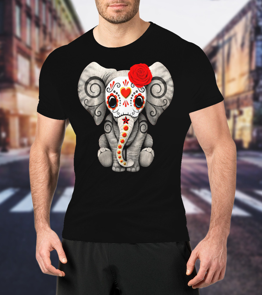 Sugar Skull Elephant With Red Rose Day Of The Dead T-Shirt