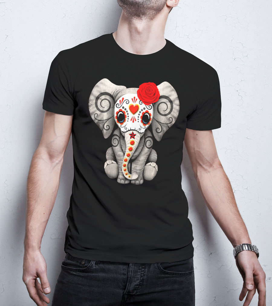 Sugar Skull Elephant With Red Rose Day Of The Dead T-Shirt