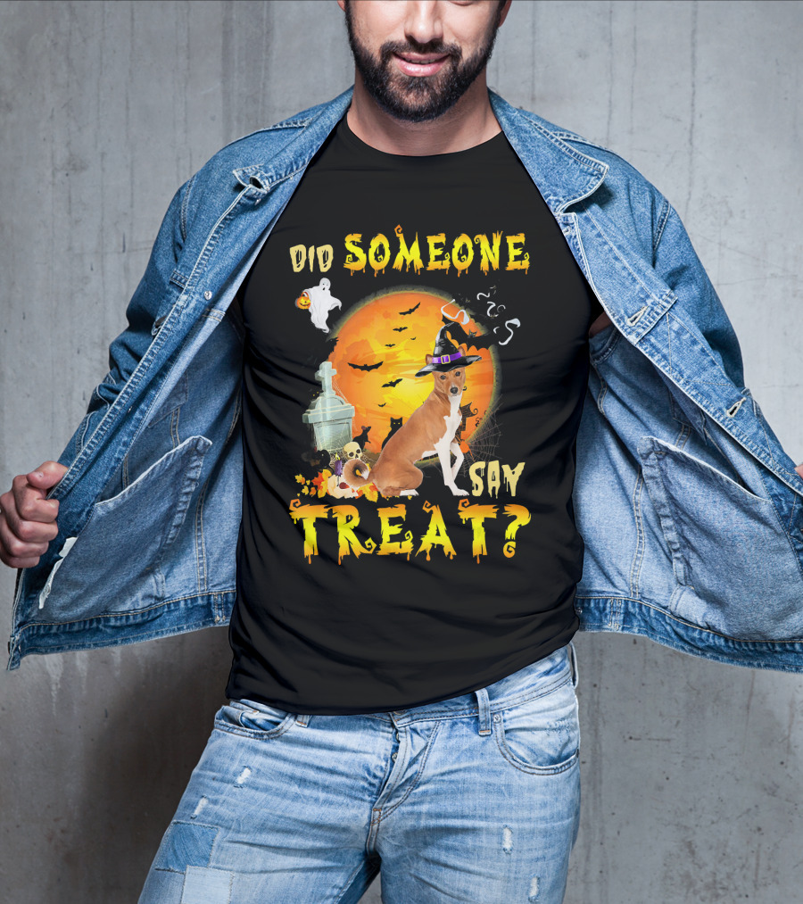 Did Someone Say Treat Basenji Halloween Moon Ghost Bats Witch Hat T-Shirt