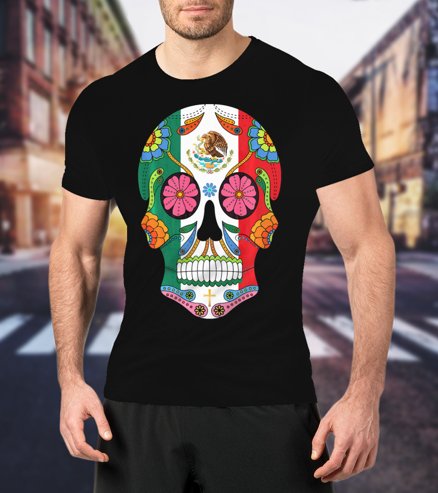Mexican Flag Sugar Skull Eagle Floral Motif T-Shirt