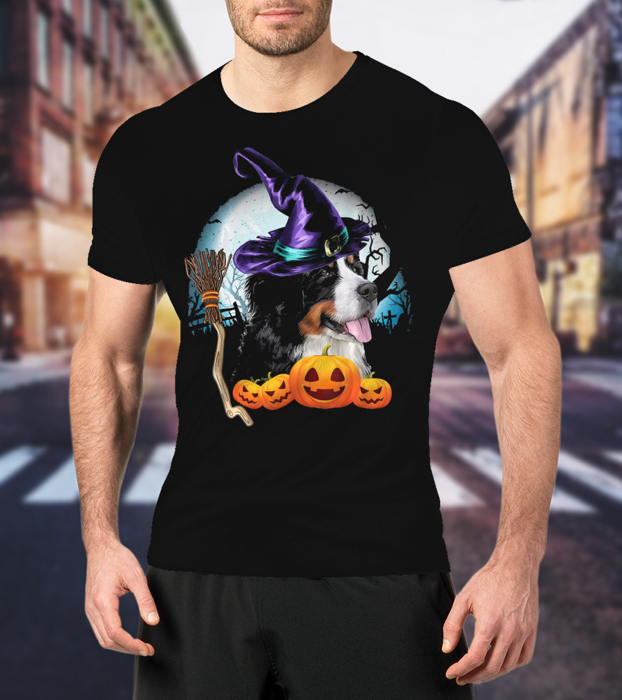 Bernese Mountain Dog In Witch Hat With Pumpkins And Broomstick Halloween Scene T-Shirt