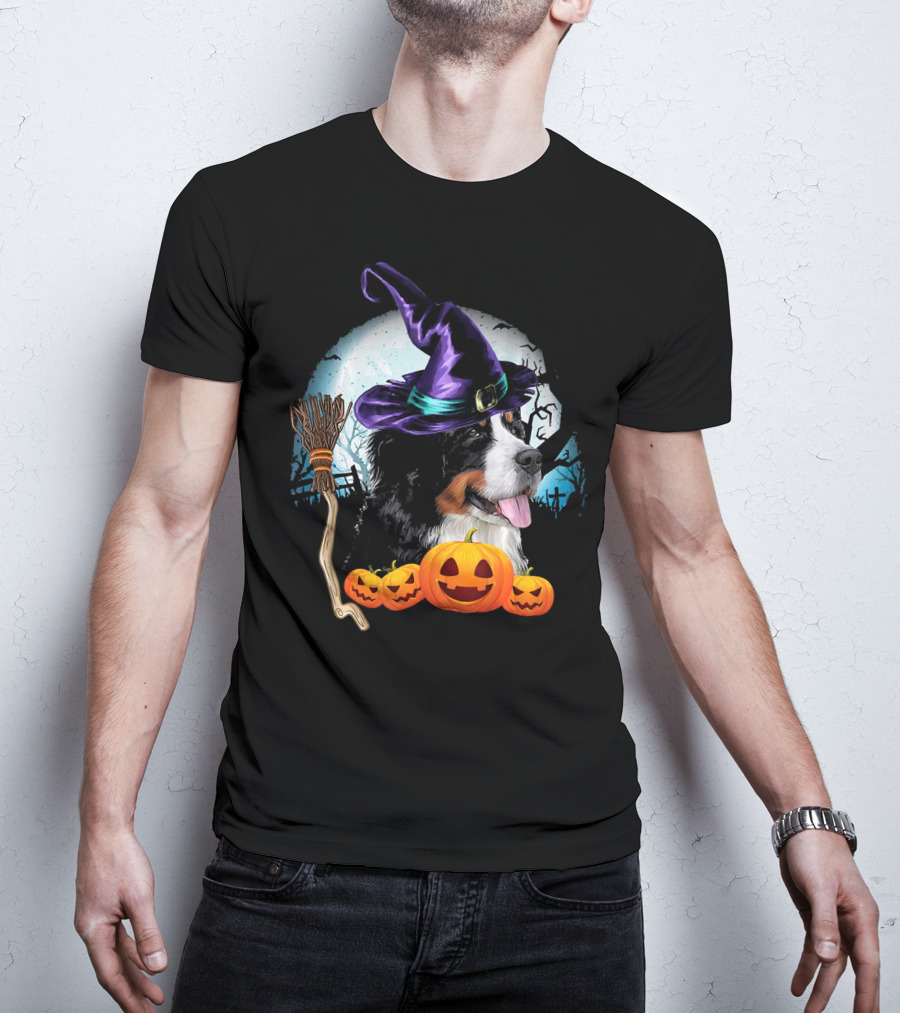 Bernese Mountain Dog In Witch Hat With Pumpkins And Broomstick Halloween Scene T-Shirt