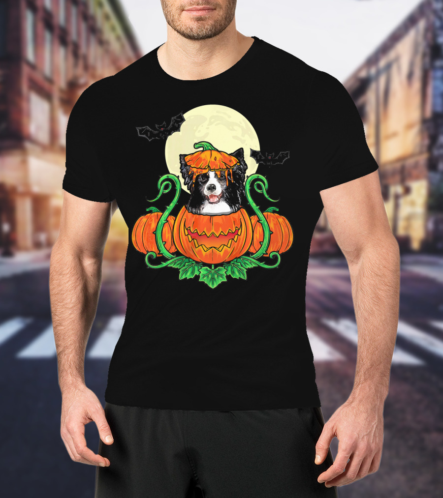 Border Collie Halloween Pumpkin Full Moon With Bats T-Shirt
