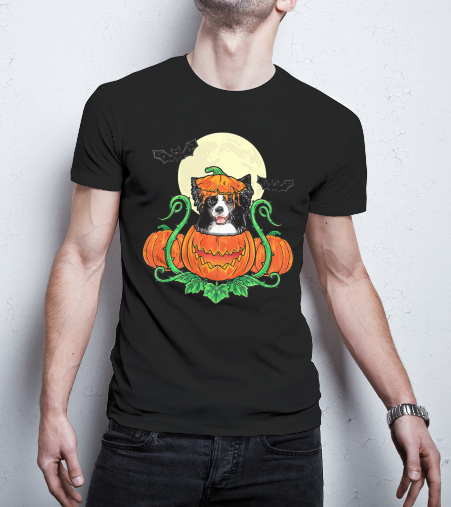 Border Collie Halloween Pumpkin Full Moon With Bats T-Shirt