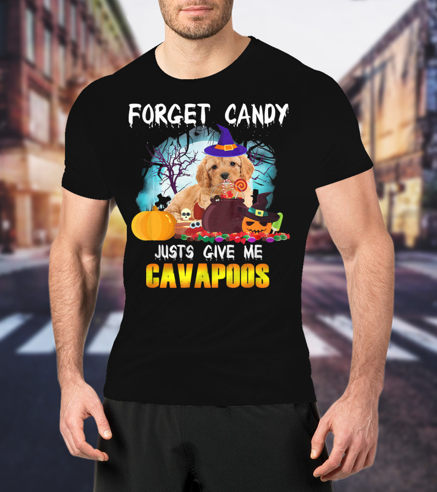 Forget Candy Just Give Me Cavapoos Halloween Puppy With Witch Hat And Pumpkins T-Shirt