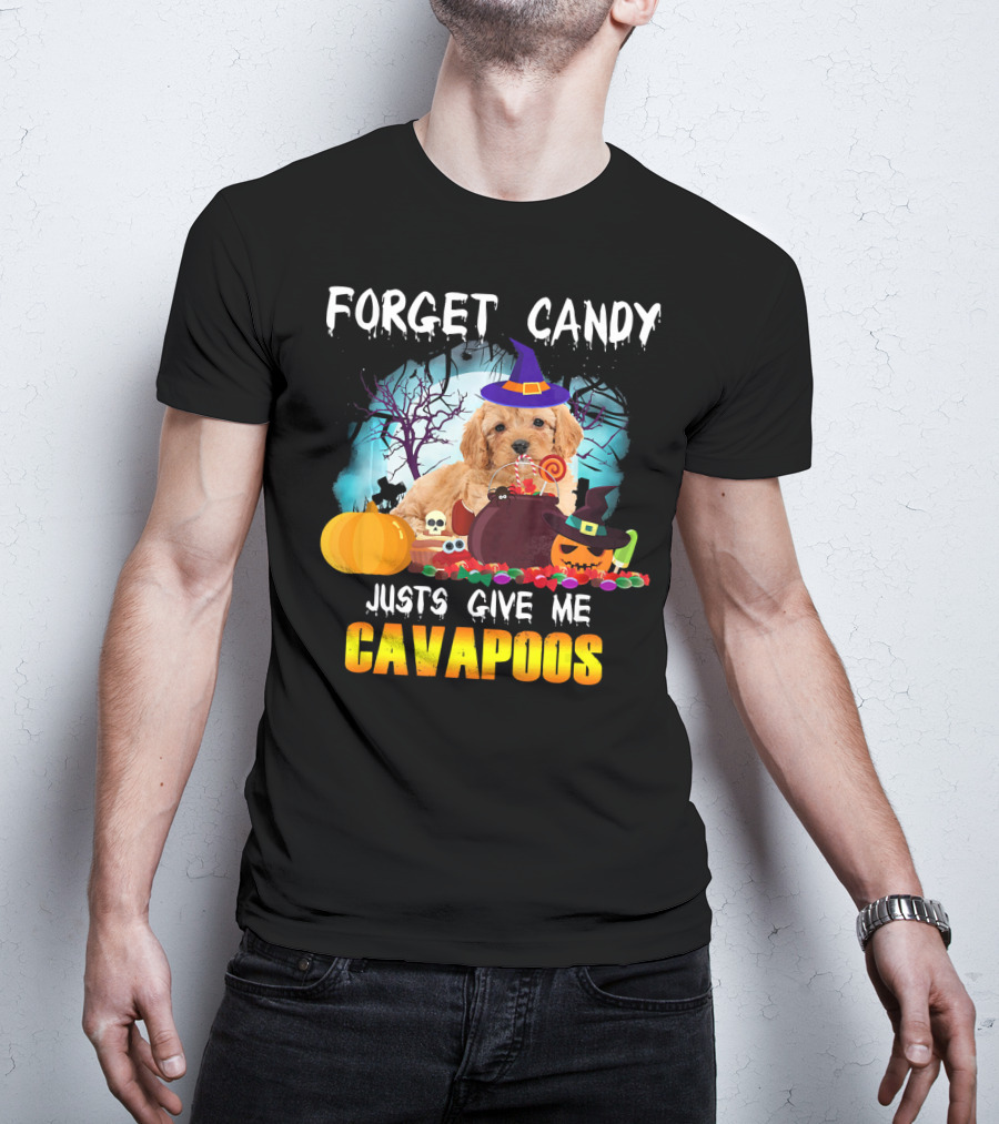 Forget Candy Just Give Me Cavapoos Halloween Puppy With Witch Hat And Pumpkins T-Shirt