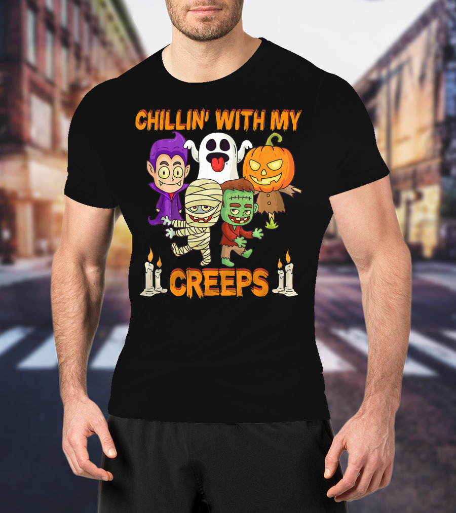 Chillin With My Creeps Ghost Mummy Frankenstein Vampire Pumpkin Candles T-Shirt