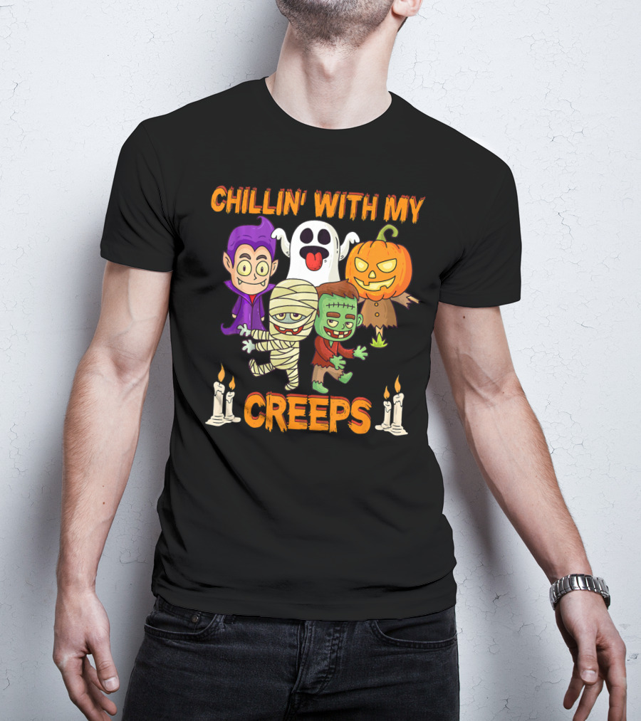 Chillin With My Creeps Ghost Mummy Frankenstein Vampire Pumpkin Candles T-Shirt