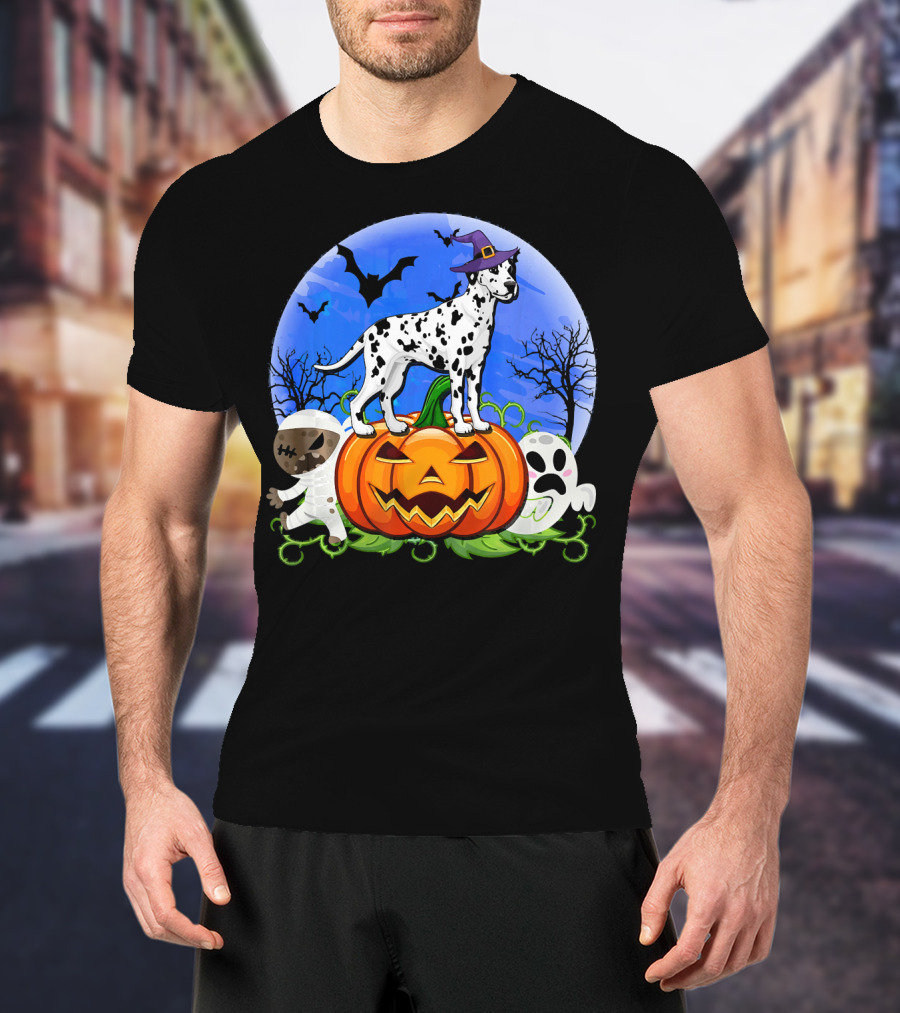 Dalmatian Pumpkin Halloween Mummy Ghost Moon Bats Trees T-Shirt