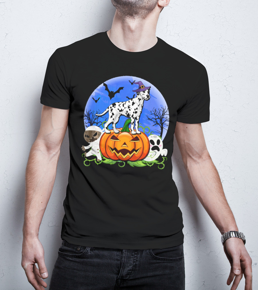 Dalmatian Pumpkin Halloween Mummy Ghost Moon Bats Trees T-Shirt