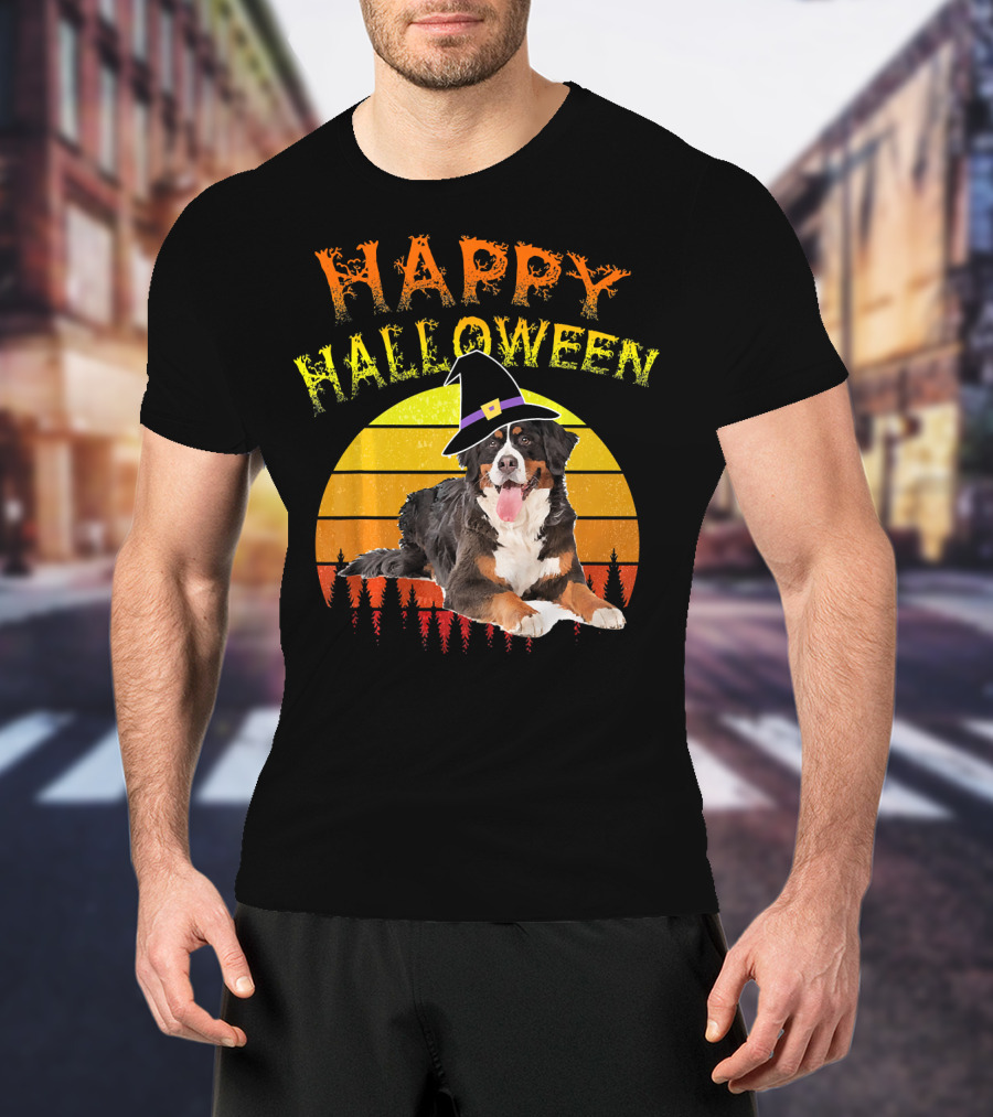 Happy Halloween Bernese Mountain Dog Lover Witch Hat Sunset T-Shirt