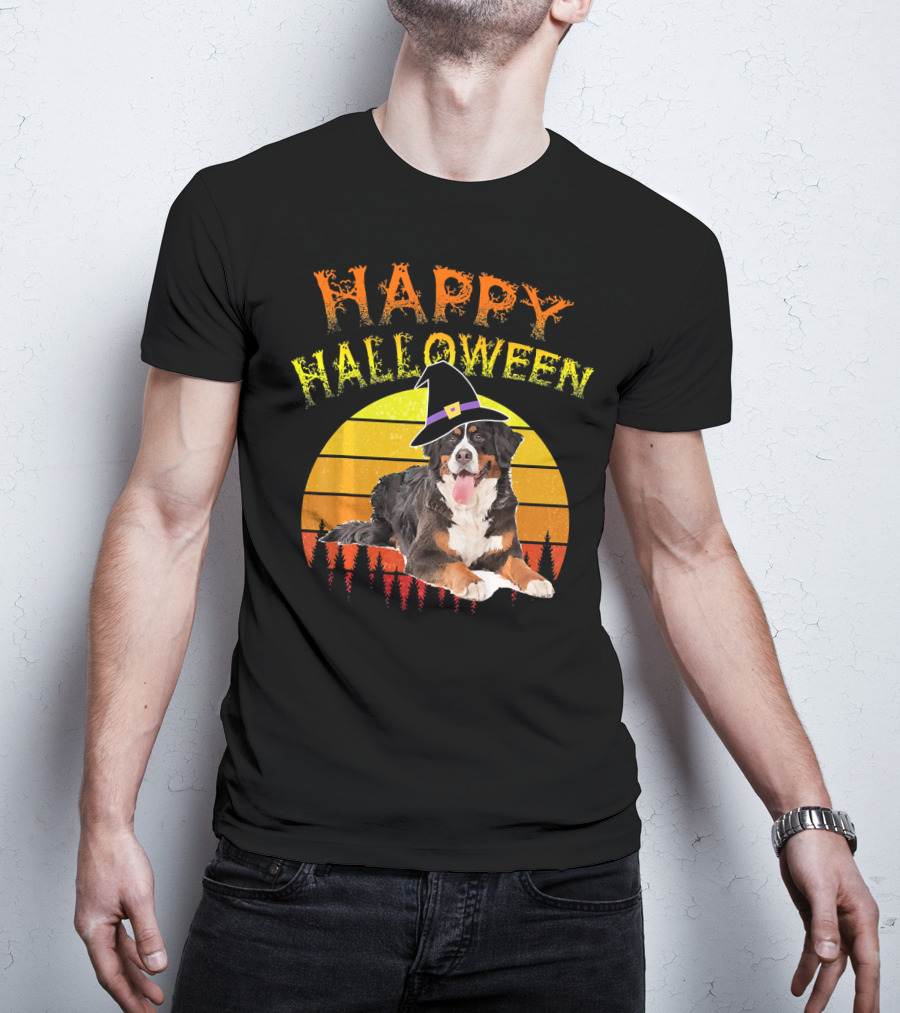 Happy Halloween Bernese Mountain Dog Lover Witch Hat Sunset T-Shirt