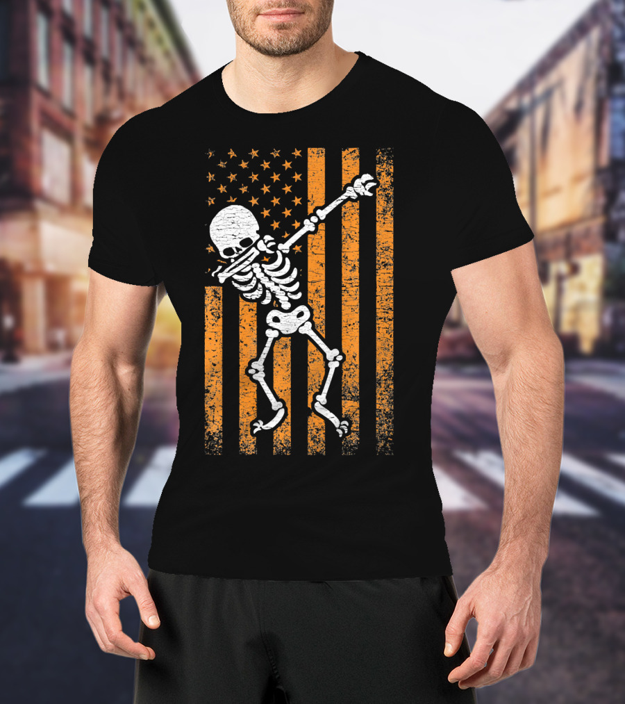 Halloween Dabbing Skeleton American Flag Retro Style Icons T-Shirt