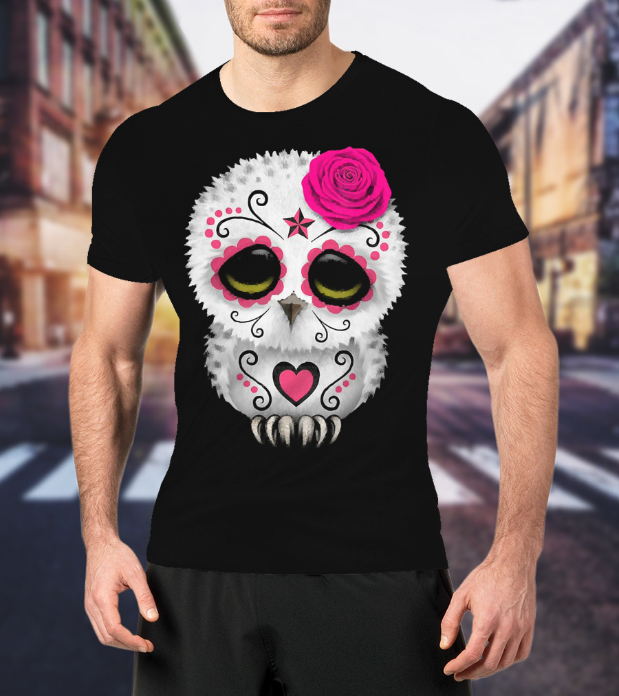 Owl Sugar Skull With Pink Rose And Heart Motif T-Shirt