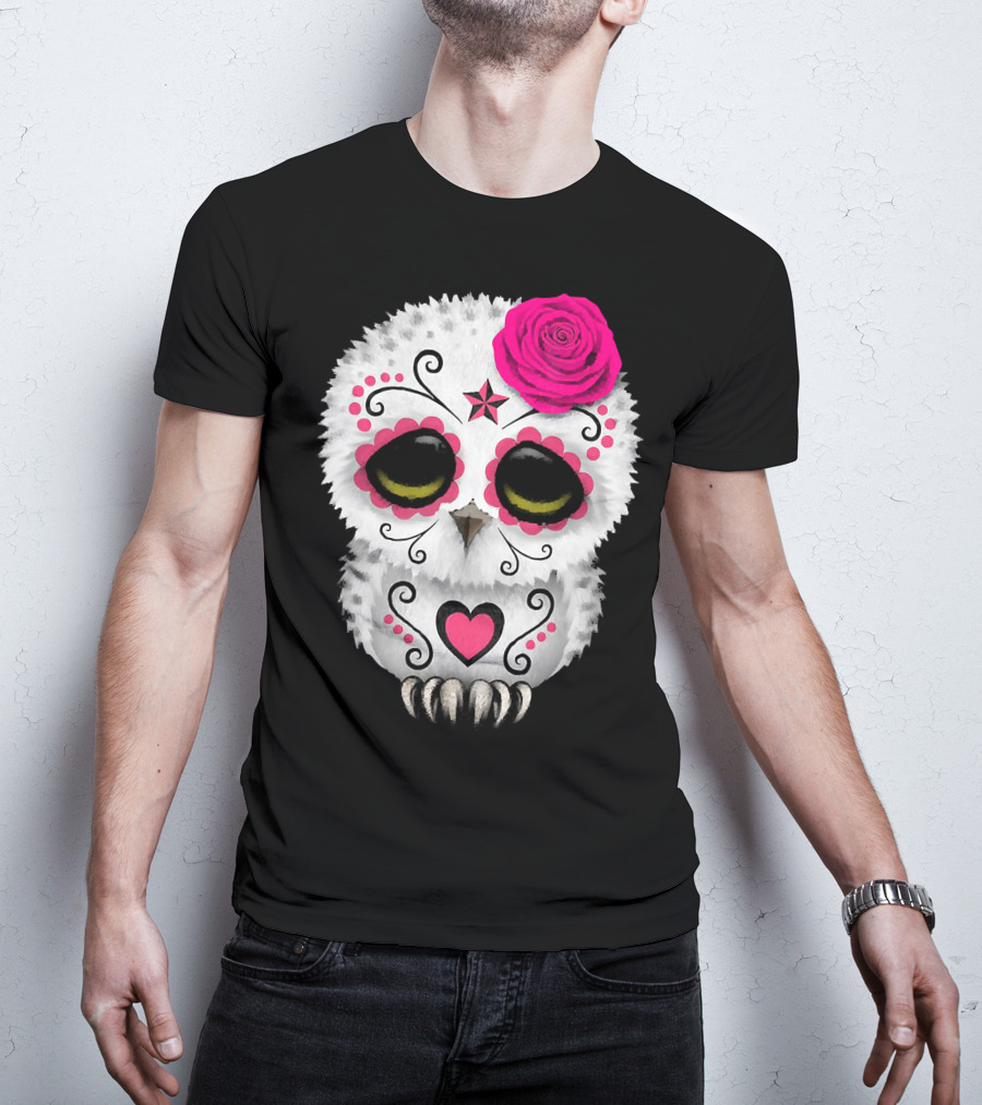 Owl Sugar Skull With Pink Rose And Heart Motif T-Shirt