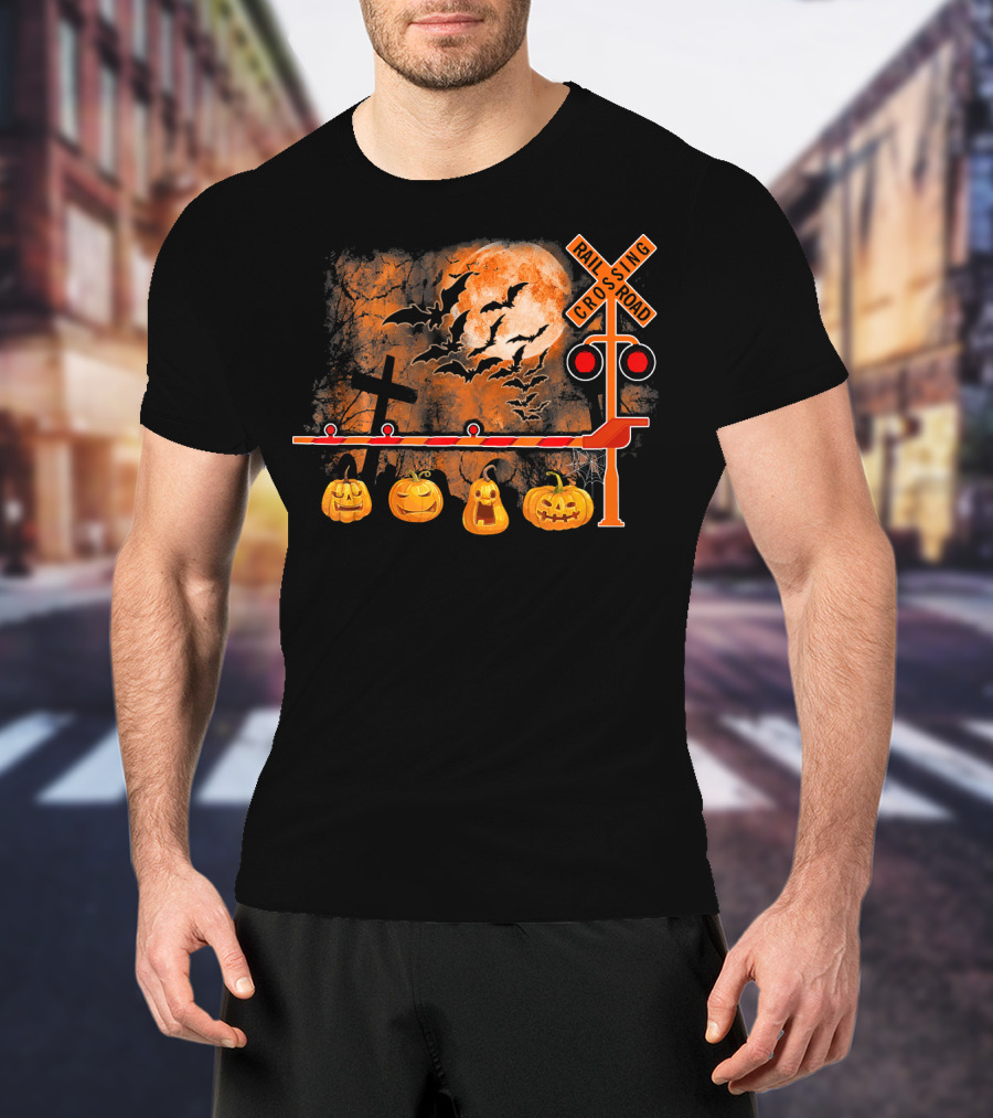 Halloween Railroad Crossing Sign With Pumpkins And Bats T-Shirt