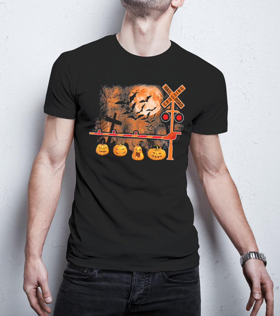 Halloween Railroad Crossing Sign With Pumpkins And Bats T-Shirt