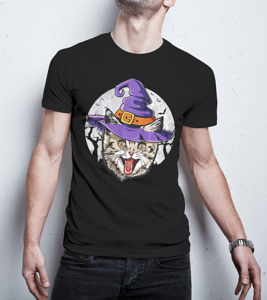 Funny Halloween Witch Cat With Purple Hat And Moon Background T-Shirt