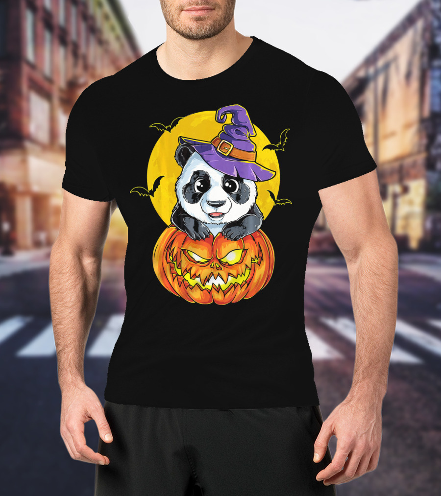Panda Witch Halloween Pumpkin Moon Bats T-Shirt