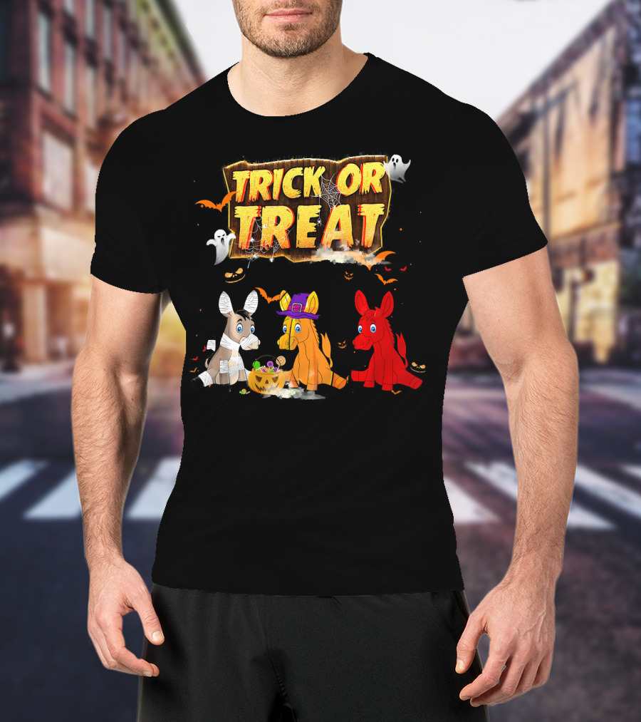 Trick Or Treat Three Donkeys Halloween Candy Pumpkins Ghosts T-Shirt