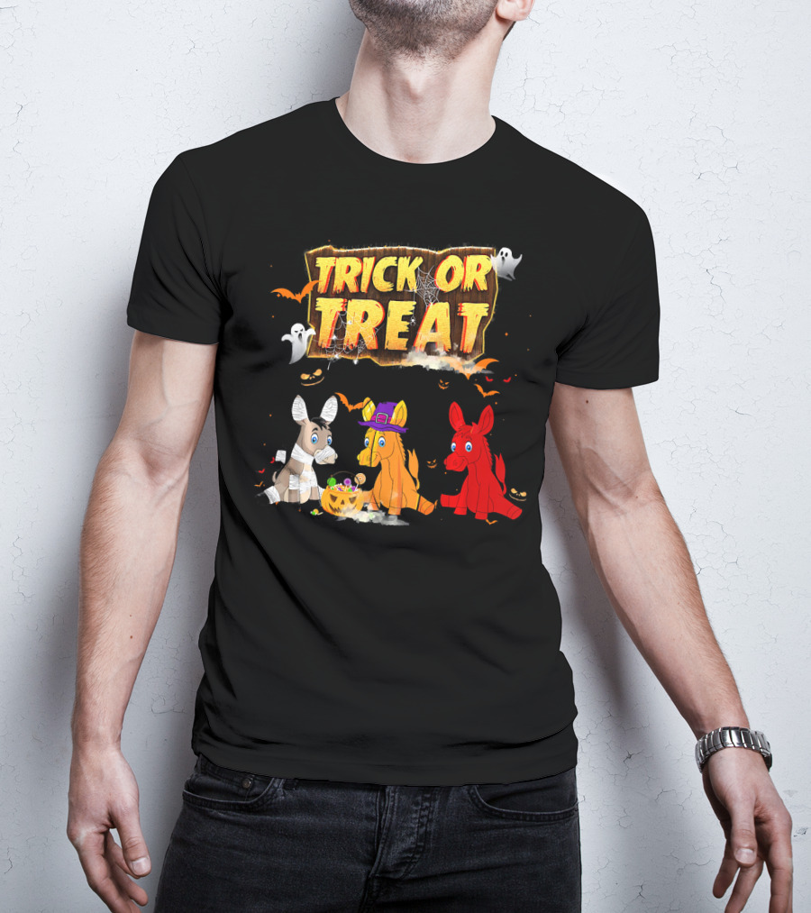Trick Or Treat Three Donkeys Halloween Candy Pumpkins Ghosts T-Shirt