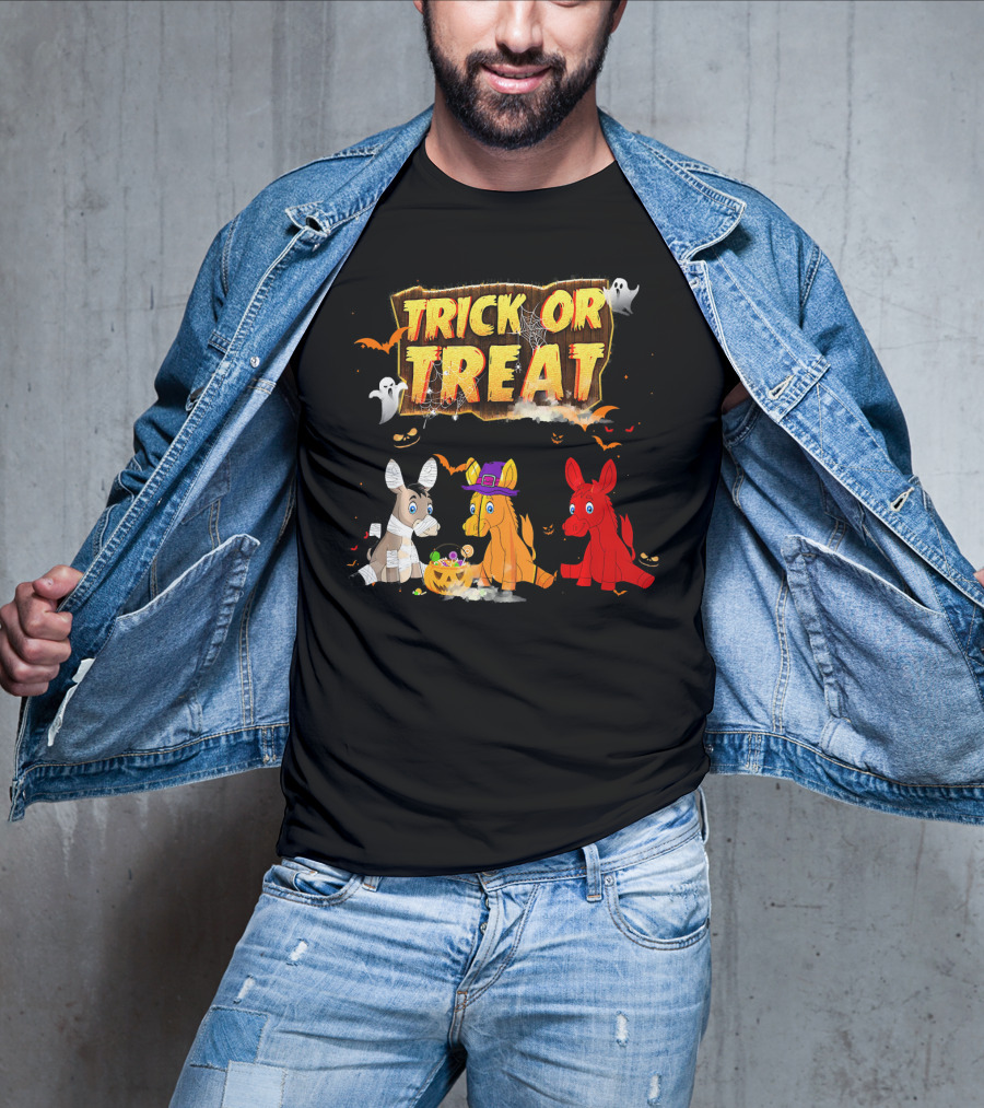 Trick Or Treat Three Donkeys Halloween Candy Pumpkins Ghosts T-Shirt