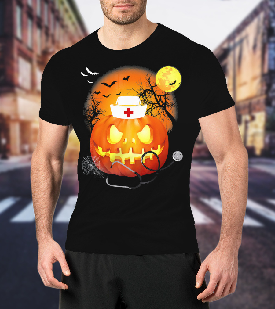 Nurse Halloween Pumpkin With Stethoscope And Bats T-Shirt