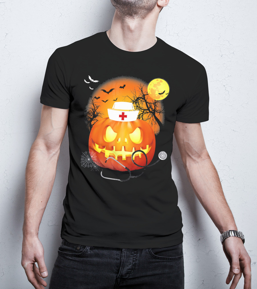 Nurse Halloween Pumpkin With Stethoscope And Bats T-Shirt