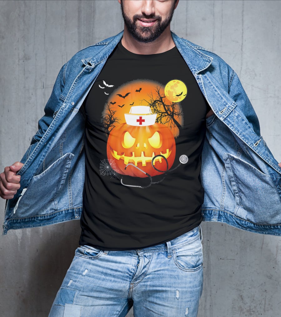 Nurse Halloween Pumpkin With Stethoscope And Bats T-Shirt