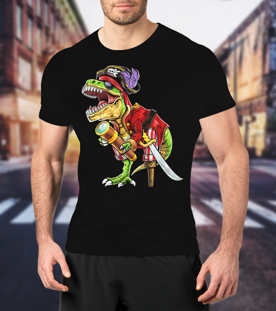 Pirate Dinosaur With Telescope And Peg Leg In Halloween Costume T-Shirt