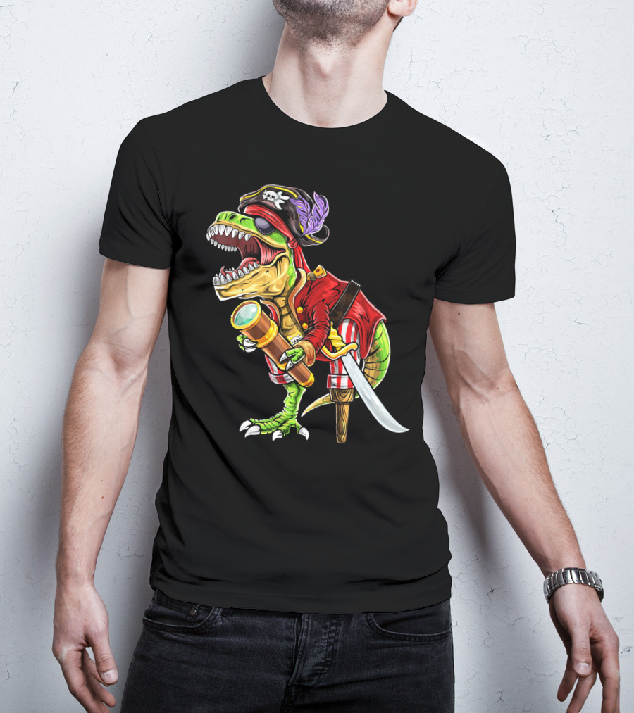 Pirate Dinosaur With Telescope And Peg Leg In Halloween Costume T-Shirt